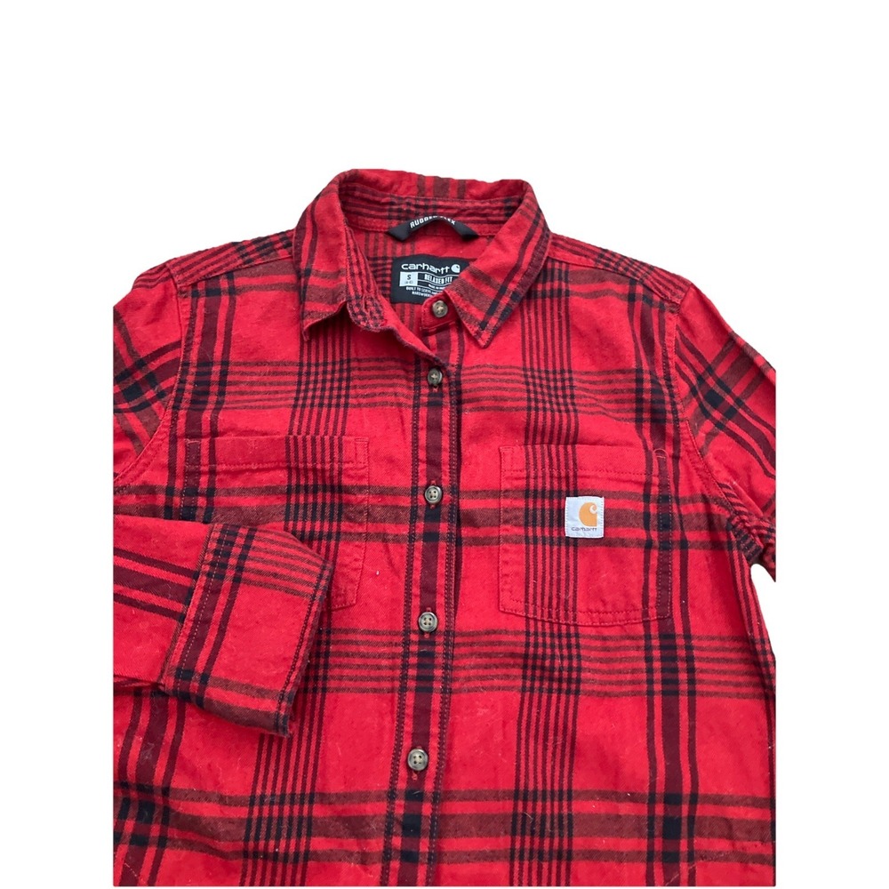 Carhartt Shirt Women's Small 4-6 Red Rugged Flex Plaid Flannel Loose Button Long